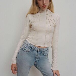 BDG Cream Seamed Mock Neck Long-Sleeve Top